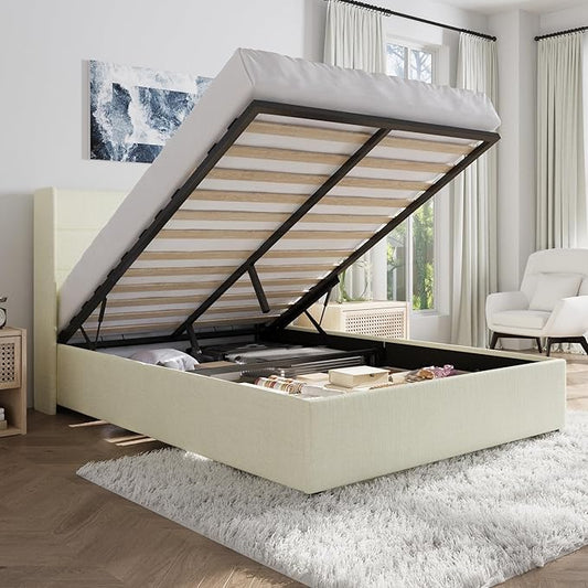 SHA CERLIN Full Size Lift Up Storage Bed/Chenille Fabric Upholstered/Modern Wingback Headboard/Platform Bed Frame/Hydraulic Storage/No Box Spring Needed/Wood Slats Support/Cream