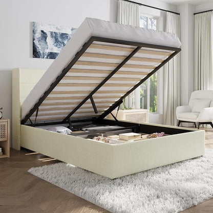 SHA CERLIN Queen Size Lift Up Storage Bed/Chenille Fabric Upholstered/Modern Wingback Headboard/Platform Bed Frame/Hydraulic Storage/No Box Spring Needed/Wood Slats Support/Cream