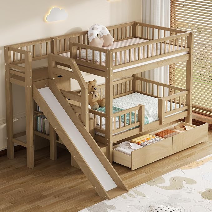 Twin Over Twin Bunk Bed with Storage Staircase, Slide and 2 Drawers,for Kids Teens Adults (Walnut#Slide, Twin Over Twin)