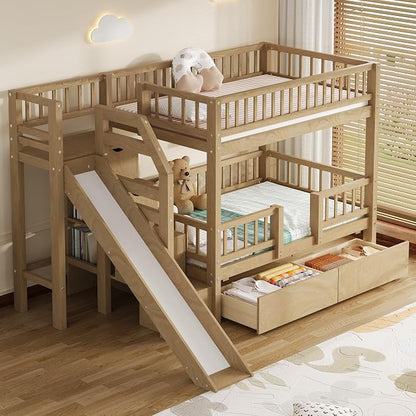 Twin Over Twin Bunk Bed with Storage Staircase, Slide and 2 Drawers,for Kids Teens Adults (Walnut#Slide, Twin Over Twin)