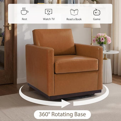 360° Swivel Accent Chairs Set of 2, 31" Wide Faux Leather Upholstered Club Armchairs for Living Room, Comfy Square Swivel Barrel Chair with Metal Base, Light Brown