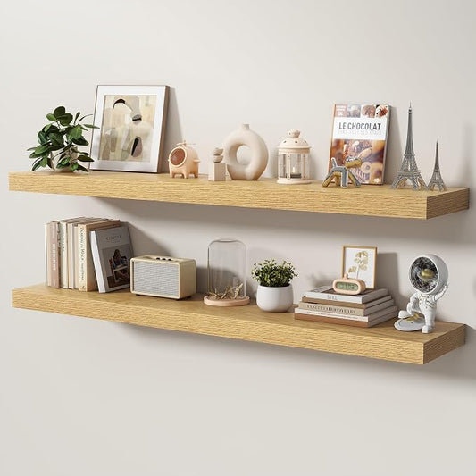 Floating Shelves for Wall, 55 Inch x 8 Inch Deep Wall Mounted Wood Shelf with Invisible Brackets for Storage & Display, Living Room Bedroom Kitchen, Oak, Set of 2