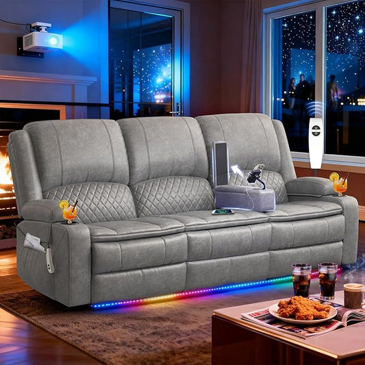 Power Loveseat Recliner Sofa, Removable Armrest 3 Seats Power Reclining Loveseat with Remote Liftable Console, Wall Hugger RV Theater Seating with Storage & USB & RGB (PU, Grey)