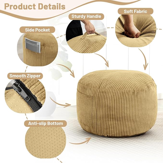 Round Stuffed Pouf Ottoman,Corduroy Foot Rest with Rebound Foam Filled, Furry and Fluffy Foot Stool Ottoman, Floor Poufs for Living Room (Yellow, 26" D x 26" W x 18" H)