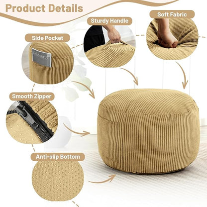 Round Stuffed Pouf Ottoman,Corduroy Foot Rest with Rebound Foam Filled, Furry and Fluffy Foot Stool Ottoman, Floor Poufs for Living Room (Yellow, 26" D x 26" W x 18" H)