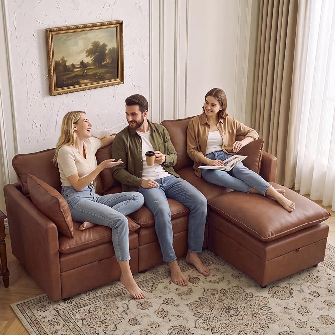 80" Brown Faux Leather Storage 3 Seater Sofa with Ottoman, Comfy Couch | Convertible Modular Sectional Sofa, L Shaped Oversized Couch, Upholstered Large Cloud Couch For Living Room, Apartment.
