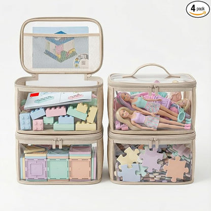 holay 4 Pack Clear Toy Storage Bags with Zipper & Handle, Board Game Bins | Reinforced base stands upright; clear PVC front; holds toys, board games & busy bags; foldable for playroom & travel