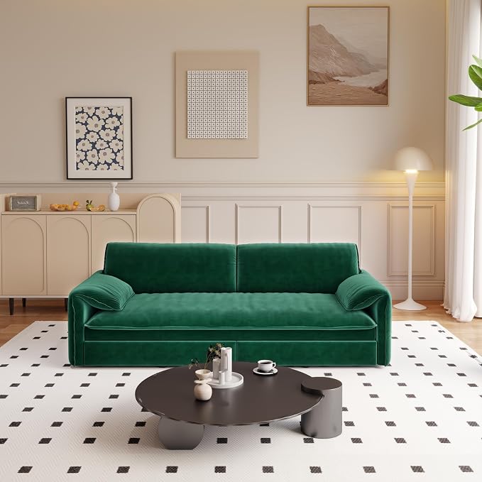 66" Sleeper Sofa Bed Queen Size, 3-in-1 Convertible Couch, Modern Pull Out Couches, Comfy Velvet Futon Sofa, Cloud Loveseat Lounge, Pillow Arm, for Small Spaces, Living Room, Apartment, Green