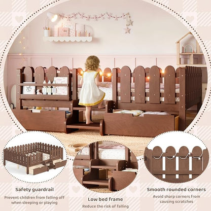 Bellemave Queen Size Montessori Bed with Stairs, Lights, Rails and Slats, Queen Size Montessori Floor Bed with Bookshelf and 2 Storage Drawers, Easy Assemble Beds Frame for Girls, Boys, Natural