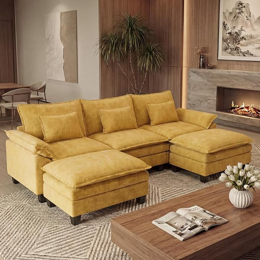 URRED Oversized Modular Sectional Sofa, 122" U Shaped Modern Comfy Cloud Couch with Movable Ottoman & Pillows, Deep Seat Couches for Living Room, Bedroom or Apartment (Chenille Yellow, 122" U Shaped)