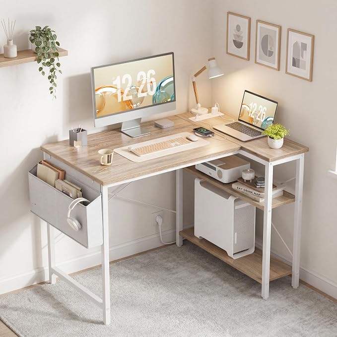 TIQLAB L Shaped Computer Desk with Power Outlets, 40 Inch Small Corner Desk with Reversible Shelves, Gaming Desk Computer Table Study Writing Table for Home Office Bedroom Small Space, Maple