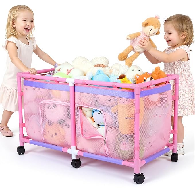 FIOBEE Toy Box for Girls Boys with See-Through Mesh & 360° Rotating Wheels Toy Chest Organizer Easy Install Stuffed Animal Storage for Nursery Playroom Toy Storage Bin, Pink