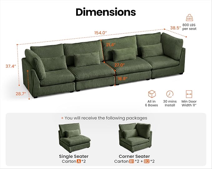 154" Oversized Corduroy Couch Modular Sectional Sofa, Washable Cloud Couch Sectional, 4 Seater Sectional Couches for Living Room, Fully Cover Removable, Basic 4 Seater, Corduroy, Green