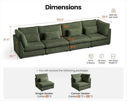 154" Oversized Corduroy Couch Modular Sectional Sofa, Washable Cloud Couch Sectional, 4 Seater Sectional Couches for Living Room, Fully Cover Removable, Basic 4 Seater, Corduroy, Green