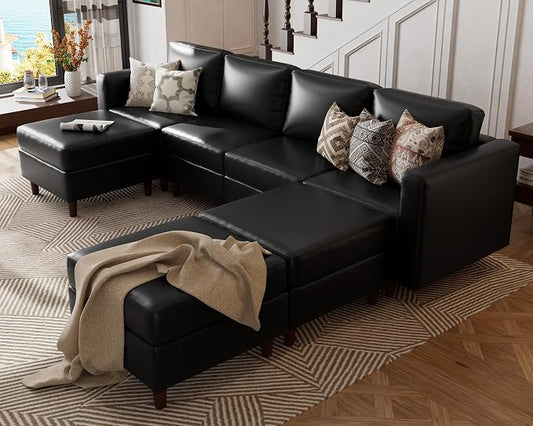 ABCASA 118.5" U Shaped Leather Couch, 7 Seater Oversized Modular Sectional Sofa with Storage Seat & Movable Ottoman, Comfy Pet-Friendly Faux Leather Couches for Living Room,Apartment,Black