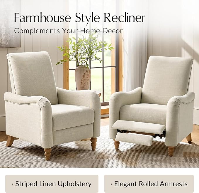 HULALA HOME Farmhouse Recliner Chair with Solid Wood Spindle Legs, Curved Push Back Recliner Armchair with Adjustable Backrest & Footrest, Comfy High Back Lazyboy Single Sofa for Living Room, Linen