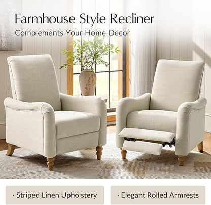 HULALA HOME Farmhouse Recliner Chair with Solid Wood Spindle Legs, Curved Push Back Recliner Armchair with Adjustable Backrest & Footrest, Comfy High Back Lazyboy Single Sofa for Living Room, Linen