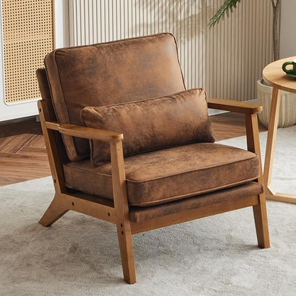 VINGLI Solid Wood Wide Armrests Accent Chair,Upholstered Mid Century Modern Chair with Pillow,Comfy Reading Chair Farmhouse Arm Chair,Chairs Living Room,Bedroom,Guest Room,Suede,Rustic