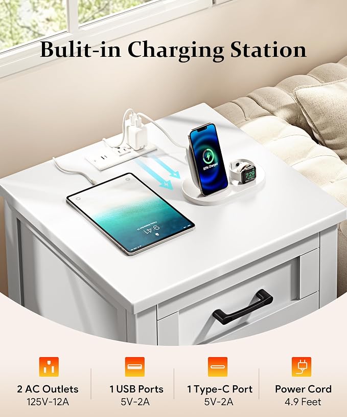 Decofy Farmhouse Nightstand with Charging Station & Large Storage, Modern End Tables with Outlets, USB Ports and Type-C Ports, Easy Assembly for Bedroom (Pure White)