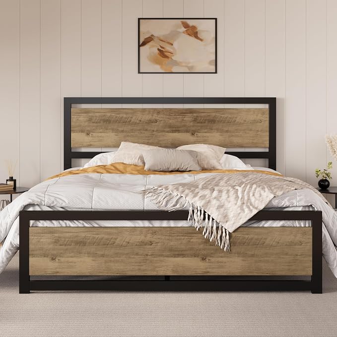 SHA CERLIN Heavy Duty King Size Bed Frame with Modern Headboard, Brown | Platform Metal Base with Square Footboard and 13 Strong Slats Support, No Box Spring Needed