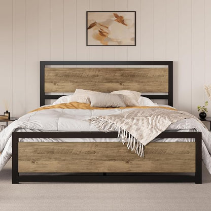 SHA CERLIN Heavy Duty King Size Bed Frame with Modern Headboard, Brown | Platform Metal Base with Square Footboard and 13 Strong Slats Support, No Box Spring Needed