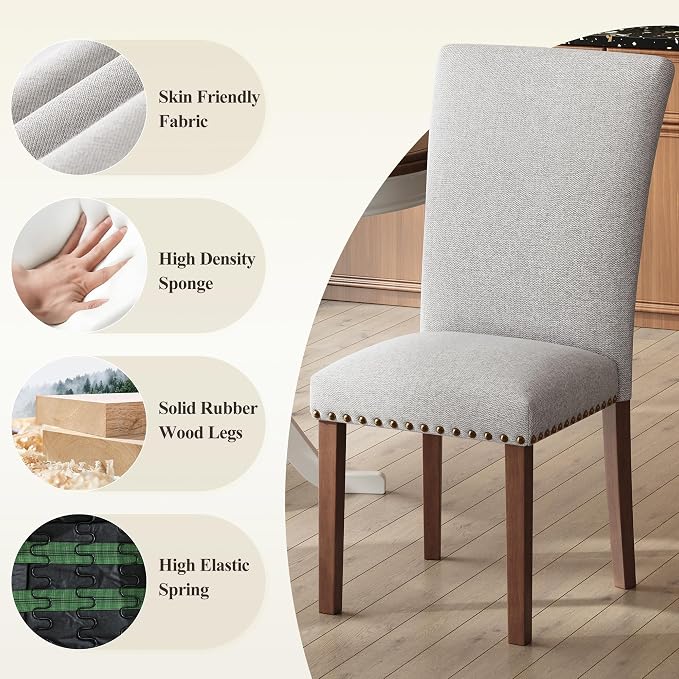 MALOL Dining Chairs Set of 2, High Back Dining Chair with Wood Legs and Nailhead Trim, Modern Padded Kitchen Room Chairs for Dining Room/Restaurant, Light Grey