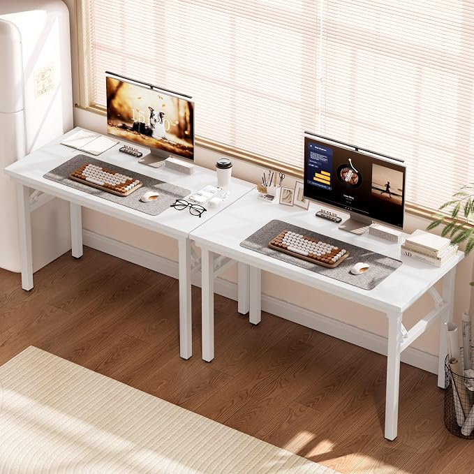 DlandHome Folding Desk for Small Spaces, 35.8 in Computer Desk Folding Table, Foldable Office Desk Writing Workstation for Home Office, Study, Bedroom, No Assembly Required, White & White