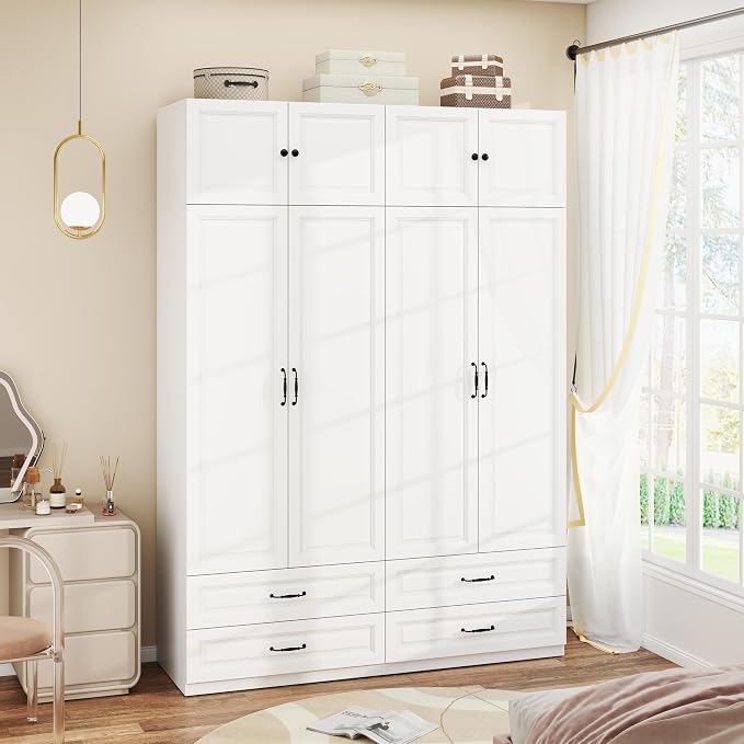 Armoire Wardrobe Closet with 4 Drawers: 88" White Bedroom Closet, Wood Wardrobe Closets with 4 Doors, Tall Armoire Cabinet and Storage Shelves for Clothing (63")