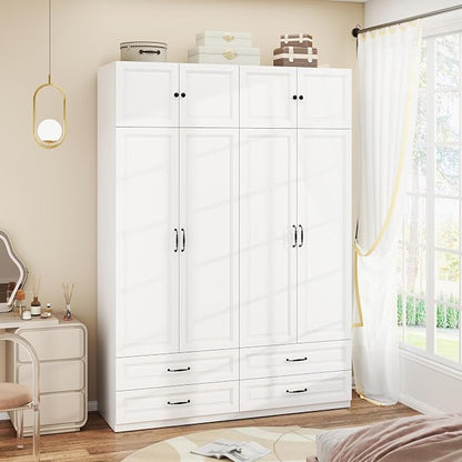 Armoire Wardrobe Closet with 4 Drawers: 88" White Bedroom Closet, Wood Wardrobe Closets with 4 Doors, Tall Armoire Cabinet and Storage Shelves for Clothing (63")