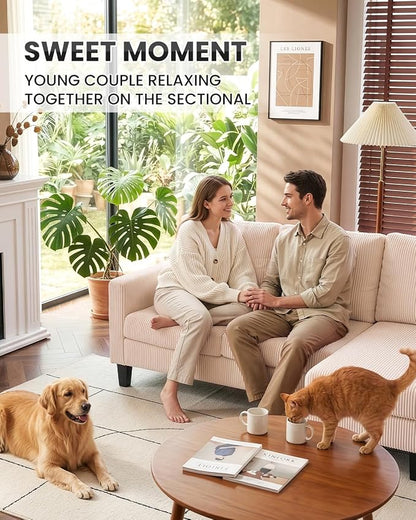 Karl home 67" Small Sectional Couch L Shaped Sofa, Beige | Movable Storage Ottoman, Corduroy Upholstered, Sofa Chaise, Side Pockets 5.9" Sofa Legs for Living Room, Apartment, Studio