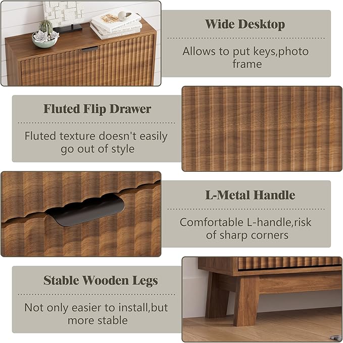Shoe Cabinet Storage for Entryway with 3 Flip Drawers, Fluted Narrow Shoe Organizer with Wooden Legs, Freestanding Slim Shoe Storage Hidden Shoe Rack Organizer for Front Door Entrance, Hallway, Walnut