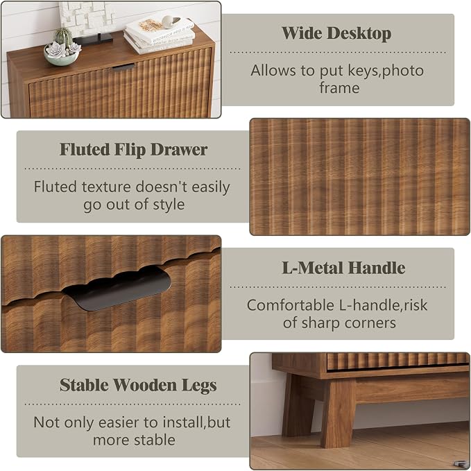 Shoe Cabinet Storage for Entryway with 2 Flip Drawers, Fluted Narrow Shoe Organizer with Wooden Legs, Freestanding Slim Shoe Storage Hidden Shoe Rack Organizer for Front Door Entrance, Walnut