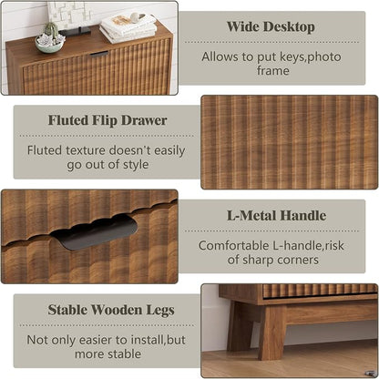Shoe Cabinet Storage for Entryway with 2 Flip Drawers, Fluted Narrow Shoe Organizer with Wooden Legs, Freestanding Slim Shoe Storage Hidden Shoe Rack Organizer for Front Door Entrance, Walnut