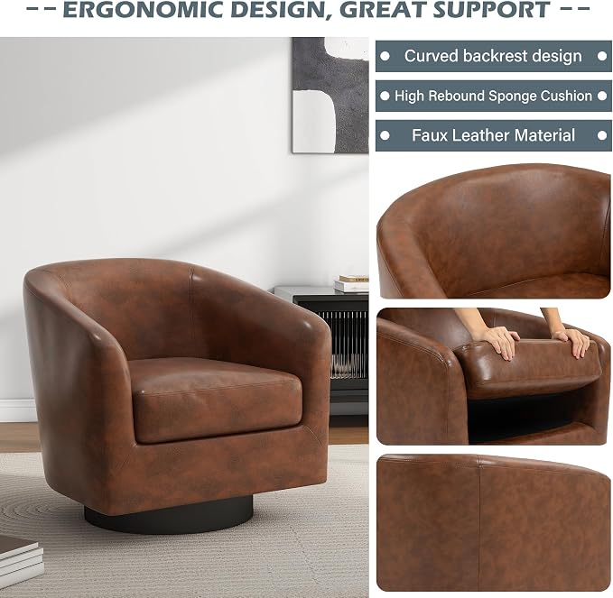 Faux Leather Swivel Barrel Accent Chairs Set of 2, Swivel Club Chair Upholstered Armchair for Living Room, Modern Round Pleather Arm Chair Comfy Single Sofa Bedroom Reading Seat - Coffee