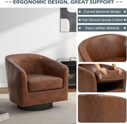 360° Swivel Barrel Accent Chair Armchair, PU Leather Round Club Arm Chair for Lving Room, Modern Upholstered Small Bedroom Single Sofa Seat - Coffee Brown, Set of 4