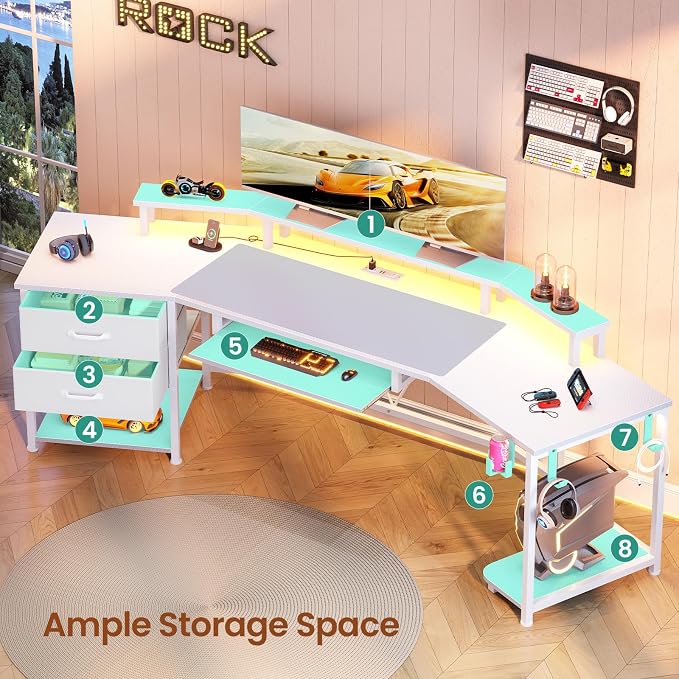 Itaar 79" Gaming Desk with 2 Fabric Drawers, Long Computer Desk with Power Strip & LED Lights, U Shaped Desk with Storage and Cup Holder, Large Gaming Table for Bedroom, Carbon Fiber White