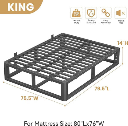 14 Inch King Size Bed Frame with Rounded Corner and Headboard Hole, Metal Platform Bed Frames 6 Non-Slip Guards, 3500lbs Heavy Duty Steel Slat Support, Squeak Free, No Box Spring Needed, Black