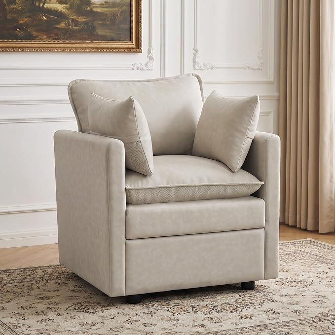 30" Beige Faux Leather Sofa Chair, Single Cloud Accent Chair with Storage | Modern Upholstered Deep Seat Sofa Chair, Comfort for Reading, Lounging, and Small spaces, Armchair for Living Room, Bedroom