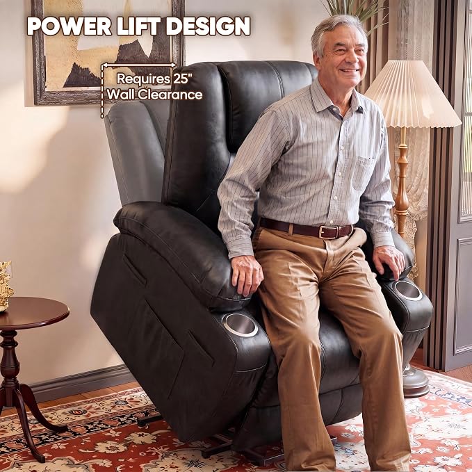 Flamaker Power Lift Recliner Chair Electric Lift Recliner for Elderly Power Lift Recliner Chair with Cup Holders Side Pockets for Living Room (Leathaire, Light Black)