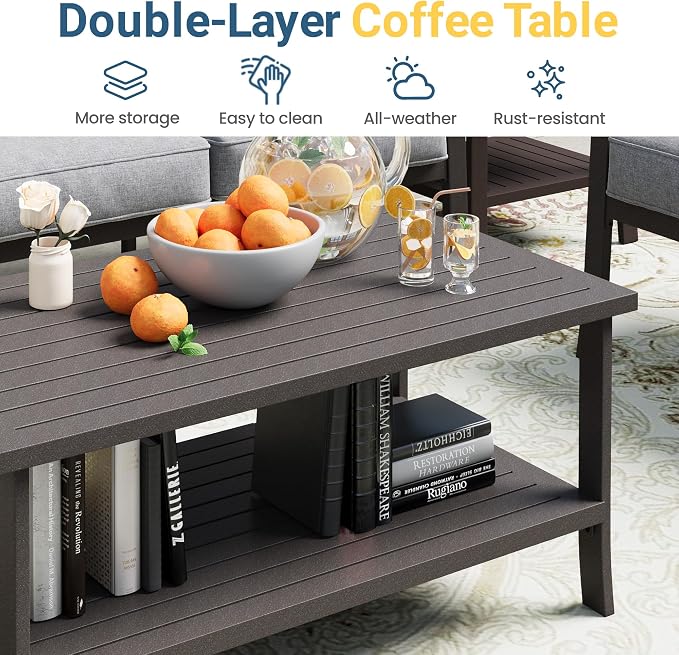RoyalCraft 3 Seats Outdoor Patio Furniture Set, Outdoor Metal Sectional Furniture with Cushions, Outdoor Conversation Set with Coffee Table for Balcony, Backyard, Garden, Deck, Grey