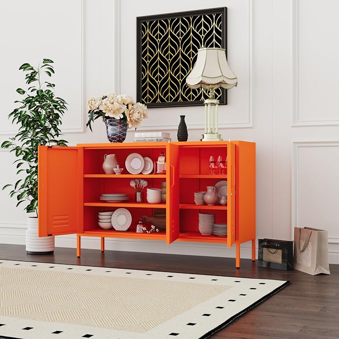 Metal Storage Cabinet with Lock and Adjustable Shelves, Freestanding Pantry Cabinet, Durable Metal 3-Door Storage Sideboard for Home Office Kitchen Orange 32" H X 47.3" W X 13.8" D