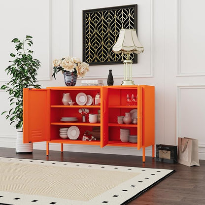 Metal Storage Cabinet with Lock and Adjustable Shelves, Freestanding Pantry Cabinet, Durable Metal 3-Door Storage Sideboard for Home Office Kitchen Orange 32" H X 47.3" W X 13.8" D