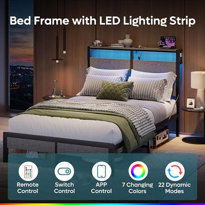 Bestier Queen Bed Frame with Headboard and Charging Station,Platform Bed Frame with LED Light, Non-Slip Metal Bed Frame, Noise-Free, Easy Assembly, Grey