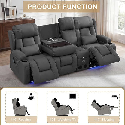 URRED Power Loveseat Recliner Sofa with Massage and Heat, Wall Hugger Reclining Loveseat with Console, RV Couch Home Theater Seating with LED Lights for Living Room (Gray, 89.8" - 3 Seats)