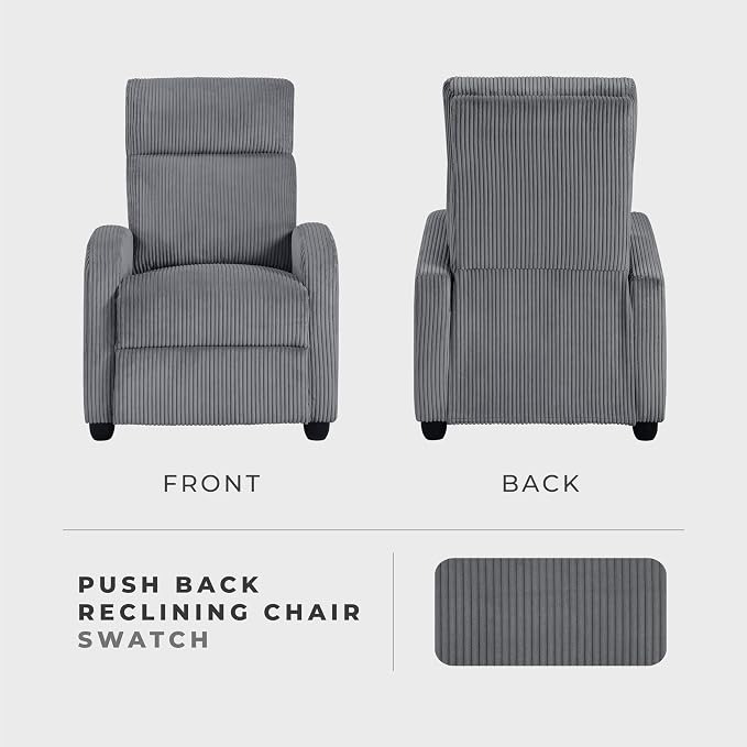 Lexicon Corduroy Pushback Recliner Chair Armchair Push Back Recliner, Solid Wood Frame and Metal Base, Easy Assembly Small Soft Single Sofa Accent Chair for Living Room/Office/Apartment, Dark Grey