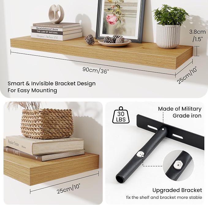 Fun Memories Floating Shelves for Wall 36 Inches, Wood Shelves with Invisible Bracket, 10" Deep Shelves Wall Mounted, Large Wood Floating Shelves for Living Room Bathroom, Oak, Set of 2