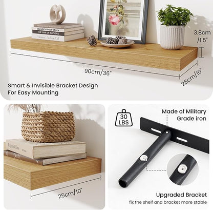 Fun Memories Floating Shelves for Wall 36 Inches, Wood Shelves with Invisible Bracket, 10" Deep Shelves Wall Mounted, Large Wood Floating Shelves for Living Room Bathroom, Oak, Set of 3