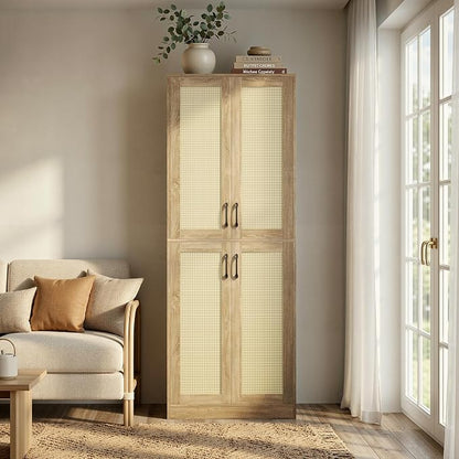 JASIWAY Rattan Pantry Cabinet, 67" Tall Kitchen Storage Cabinet with Doors | Adjustable Shelves, Wicker Linen Closet Cupboard for Laundry, Bathroom, Wood