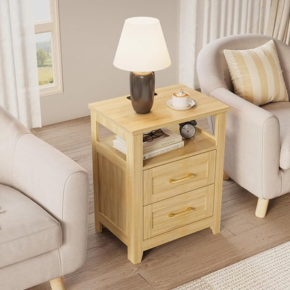 Decofy Farmhouse Nightstand with Charging Station, Modern End Tables with 2 Drawers & Open Shelf, Outlets, USB Ports and Type-C Ports, Wood Rustic Nightstands for Bedroom (2 Pack, Oak)