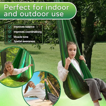 Sensory Swing for Kids and Adults Indoor & Outdoor Double Layer Therapy Cuddle Holds up to 300lbs Adjustable Hammock Chair with 360° Swivel Hanger Kit Effect for Aspergers Autism ADHD(Green)